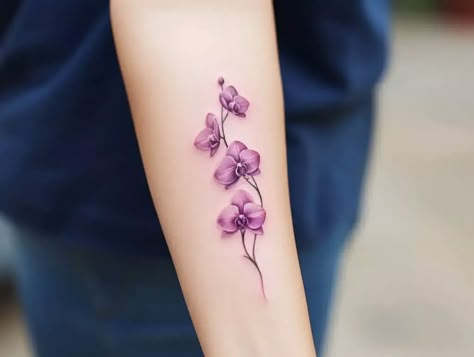 Orchid Flower Tattoo Designs, Orchid Shoulder Tattoo, Blue Orchid Tattoo, Fine Line Orchid Tattoo, Watercolor Orchid Tattoo, Orchid Tattoo Design, Purple Orchid Tattoo, Cherry Blossom Tattoo Shoulder, Orchid Tattoo Meaning