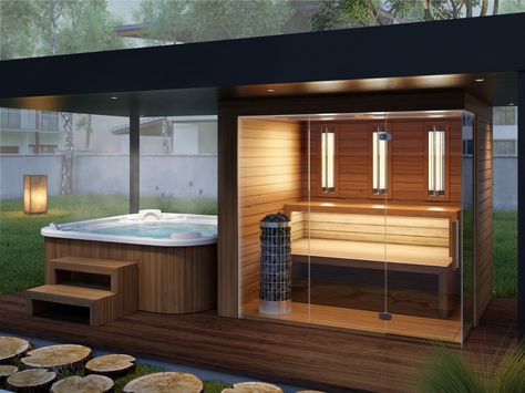 Garden Sauna & Jacuzzi Produced by Simon Wellness Garden Sauna, Backyard Spa, Hot Tub Patio, Outdoor Hot Tub, Hot Tub Gazebo, Sauna House, Hot Tubs Saunas, Hot Tub Garden, Hot Tub Backyard