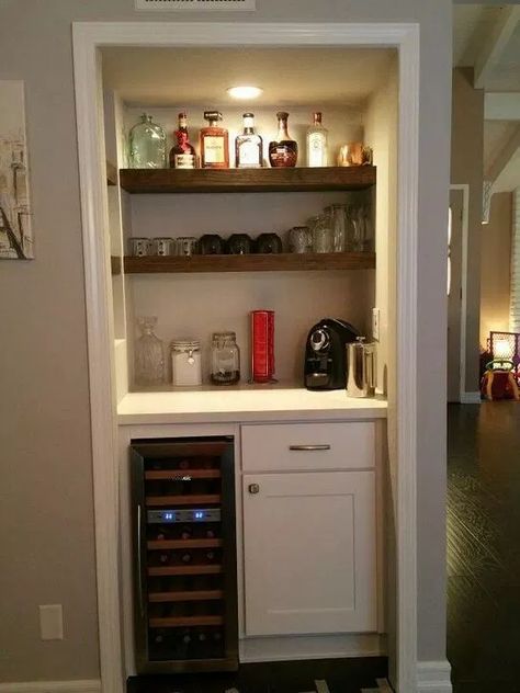 17+ Easy DIY Mini Coffee Bar Ideas For Your Home - lmolnar Mini Coffee Bar Ideas, Mini Coffee Bar, Furnace Room, Wine And Coffee Bar, Coffee/wine Bar, Wine Closet, Coffee Bar Ideas, Closet Bar, Coffee Bar Design