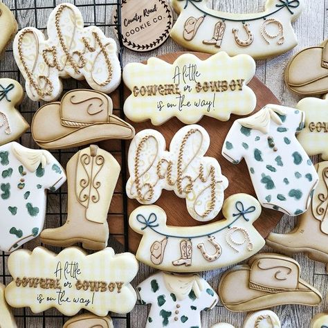 Cowboy Or Cowgirl Gender Reveal Cookies, Western Baby Boy Shower Ideas Little Cowboy, Baby Shower Themes Western, A Little Cowboy Is On The Way Baby Shower Ideas, A Little Cowboy Is On His Way Baby Shower Ideas, A Little Cowboy Is On His Way Cookies, This Ain’t Her First Rodeo Baby Sprinkle, Western Baby Shower Cake For Boys, Western Gender Reveal Cookies