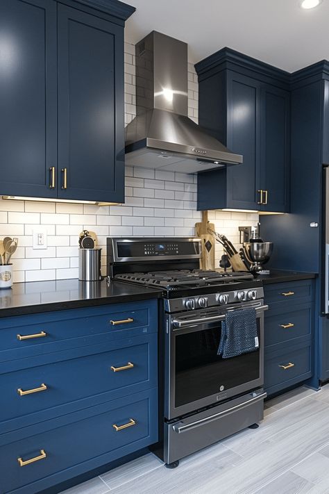 Discover 41+ Ways to Style a Dark Blue Kitchen for Modern Homes Black And Blue Cabinets, Black White Blue Interior Design, Blue Kitchen Cabinets With Black Countertops, Navy Cabinets With Black Countertops, Blue Cabinet With Black Countertop, Sapphire Kitchen Cabinets, Blue Kitchen Cabinets With Black Granite, Blue Kitchen Dark Countertops, Black Countertops Blue Cabinets