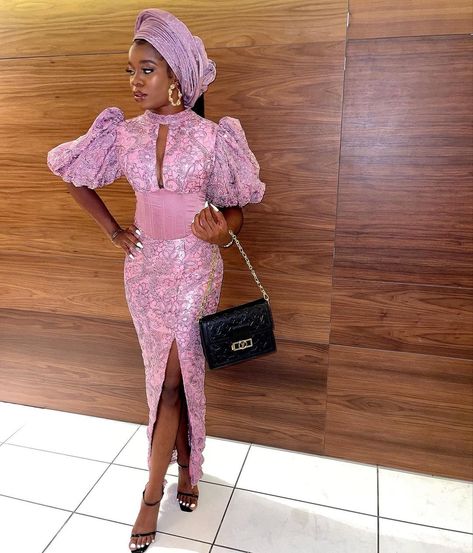 Decent Asoebi Lace Styles, Asoebi Lace Styles, Asoebi Lace, Owambe Styles, Lace Outfits, Onion Pink, Nigerian Outfits, Ankara Dress Designs, African Attire Dresses