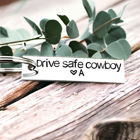 Drive Safe Cowboy Keychain, Drive Safe Keychain, Rodeo Bull, Anniversary Boyfriend, Bull Rider, Open Range, Hand Stamped Keychain, Cowboy Birthday, Safe Travels