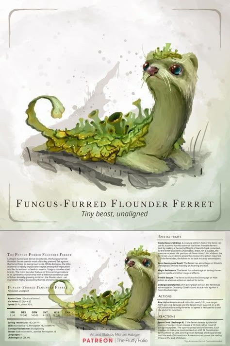 [OC] Tiny and Vicious: The Fungus-Furred Flounder Ferret – Stats included: DnD Dnd Mushroom, Dnd Pets, Dnd Enemies, Monsters Dnd, Dnd Creatures, Dnd Monster, Dnd Druid, Dnd Inspiration, Dnd Ideas