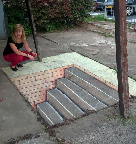 stairs street art 3d by arianne3d 3d Sidewalk Art, Street Chalk Art, Fun Chalk Art, Street Art Illusions, Pavement Art, 3d Chalk Art, Sidewalk Chalk Art, Sidewalk Art, Street Painting