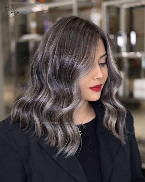 Grey Money Piece, Grey Blending Hair, Smokey Hair, Gray Blending, Grey Blending, Brown Wavy Hair, Black Wavy Hair, Grey Hair Transformation, Black Hair Balayage