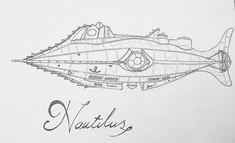 a drawing of the nautilus of jules verne. disney Nautilus Tattoo Jules Verne, Nautilus Submarine Tattoo, Nautilus 20000 Leagues Under The Sea, Nautilus Drawing, Steampunk Drawings, Submarine Drawing, Nautilus Tattoo, Nautilus Submarine, Steampunk Drawing