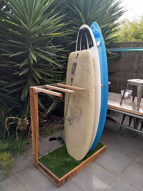 Surfboard rack How To Store Surfboards, Surfboard Storage Ideas, Vertical Kayak Storage, Outdoor Surfboard Storage, Surfboard Holder, Paddle Board Rack, Small Space Surfboard Storage, Diy Surfboard Rack, Surfboard Rack Diy Stand Up