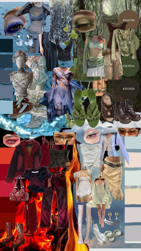 elemental #fit #styleinspo #style #outfit #styleinspiration #stylemoodboard Fire Water Earth Air Costumes, Air Element Aesthetic Outfit, Camp Half Blood Outfits Aesthetic, Earth Element Outfit, St Chroma, Elements Costume, Wind Costume, Clothes Moodboard, Earth Wind Fire Water