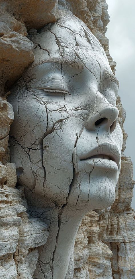 3d Artwork Sculpture, Hyper Realistic Art, Mask Artwork, Cliff Face, Face Sculpture, Organic Sculpture, Skin Details, Head Sculpture, Old Stone