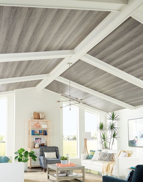 Bring a beach house or farmhouse vibe into your #home with WOODHAVEN Driftwood Gray #ceilingplanks! If you love the look of wood ceilings this ceiling design could be ideal for your dream kitchen, living room, home office or unique basement ideas. #ArmstrongCeilings #Beams #LivingRoom Suspended Ceiling Systems, Easy Renovations, Acoustic Ceiling Tiles, Armstrong Ceiling, Tongue And Groove Ceiling, White Beams, Plank Ceiling, Ceiling Grid, Easy Up