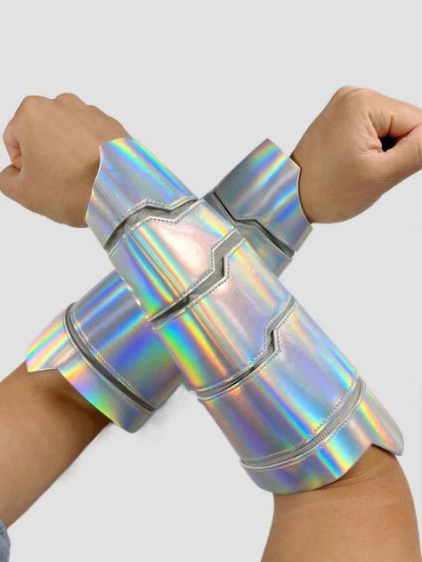 Holographic Costume, Space Girl Costume, Futuristic Costume, Rave Style, Alien Costume, Save Outfits, Arm Guard, Rainbow Outfit, Leather Wristbands