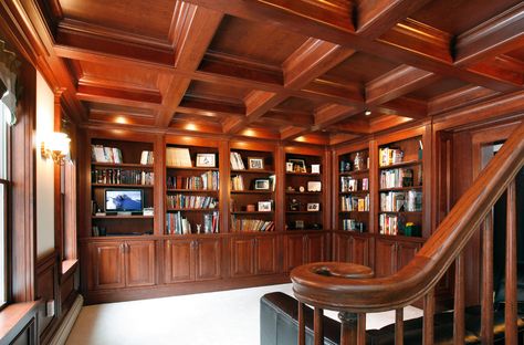 Library with coffered ceiling - Traditional - Home Office - New York - by Essential Home Artisans Design Center | Houzz Home Library Ceiling, Coffered Ceiling Ideas, Wood Coffered Ceiling, Library Ceiling, Office Cabinetry, Traditional Home Office, Wood Panelling, Home Office Library, Library Office