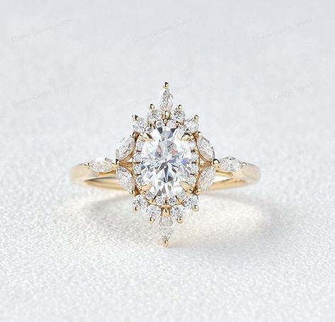 Antique Flower Engagement Rings, Rose Gold Halo Ring, Moissanite Halo Ring, Rose Gold Halo, Rose Gold Morganite, Ring Flower, Solid Gold Band, Cluster Engagement Ring, Ring Moissanite