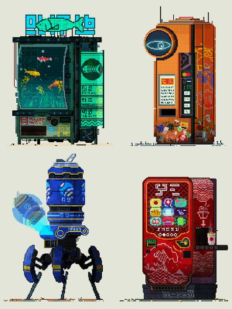 Vending Machine Pixel Art, Cyberpunk Aquarium, Chest Pixel Art, Pixel Art Sci Fi, Sci Fi Pixel Art, Pixel Art Illustration, Sci Fi Illustration, Pixel Robot, Pixel Art Gif