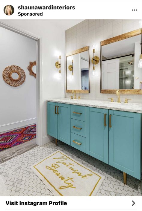 Small Bathroom On A Budget, Colorful Boho Bathroom, Pink Bathroom Vanity, Shiplap Bathroom Wall, Bathroom On A Budget, Boho Bathroom Ideas, Teal Bathroom, Pink Vanity, Favorite Paint Colors