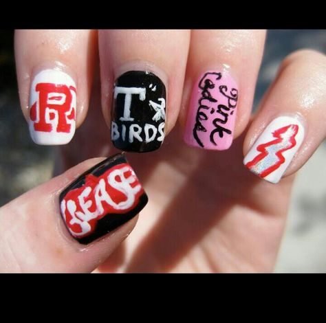 Cool Grease nails. Perfect for my schools Grease musical week! Grease Nails, Grease Is The Word, Grease Movie, Daily Nail, Cute Nail Designs, Fancy Nails, Creative Nails, How To Do Nails, Beauty Nails