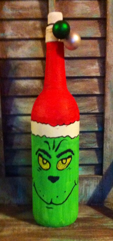 Wine bottle I painted with acrylic paints. The Grinch Grinch Wine Bottle, Grinch Painting, Grinch Ideas, Bottle Top Crafts, Wine Bottle Crafts Christmas, Liquor Bottle Crafts, Old Wine Bottles, Diy Instruments, Wine Painting