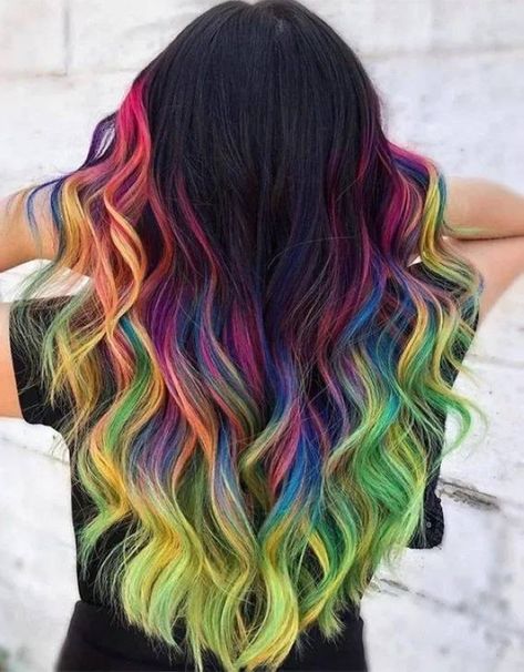 Rainbow Balayage, Rainbow Hair Color Ideas, Rainbow Hair Color, Hair Ombre, Long Bob Haircuts, Lob Haircut, Ombre Hair Color, Trending Haircuts, New Hair Colors