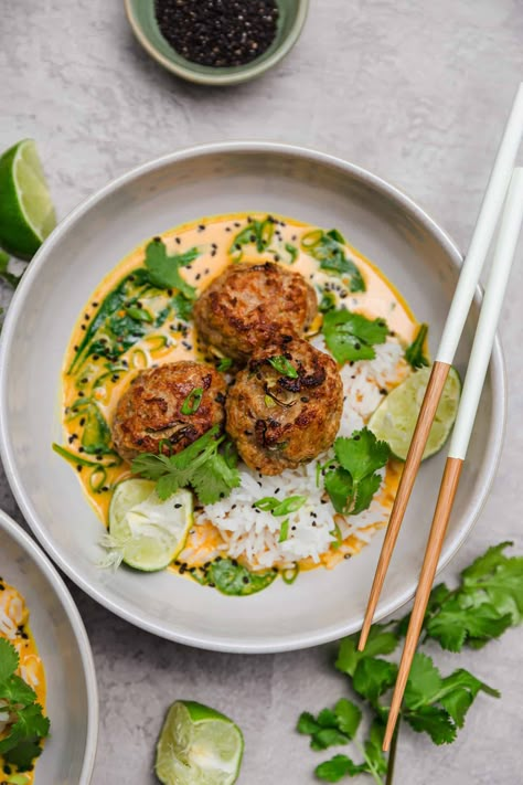 Hearty Bowls, Low Carb Turkey Meatballs, Rice Meatballs, Thai Turkey Meatballs, Meatballs Baked, Red Curry Sauce, Curry Meatballs, Turkey Meatballs Baked, Fried Chicken And Waffles