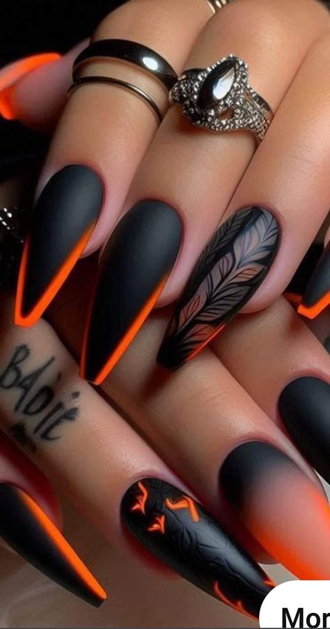 Orange Ombre Nails, Coffin Nail Designs, Neon Nail Designs, Boho Nails, Witchy Nails, Halloween Coffin, Gothic Nails, Goth Nails, Nail Art Designs Summer