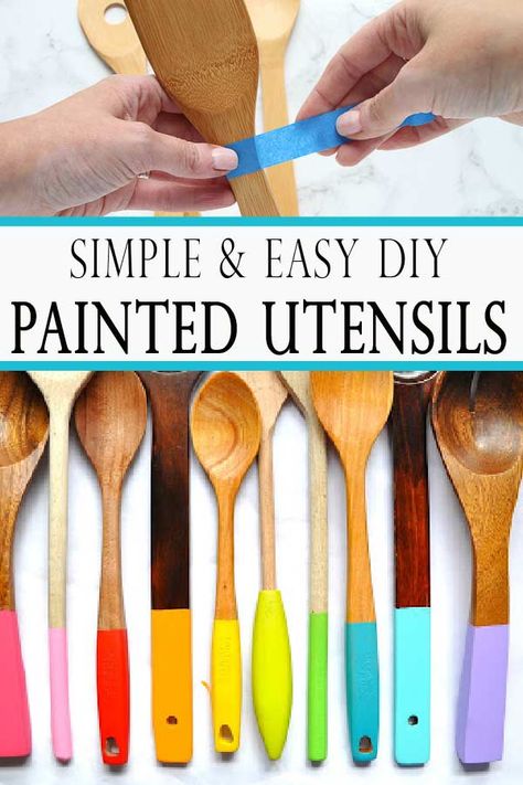 Learn how to make painted utensils! Add color and seasonal decor to your kitchen decor with these simple and easy utensils! Diy Kitchen Utensils, Easy Diy Kitchen Remodel, Easy Kitchen Remodel, Kitchen Utensils Design, Easy Diy Paint, Simple Kitchen Remodel, Storing Spices, Refacing Kitchen Cabinets, Organizing And Cleaning