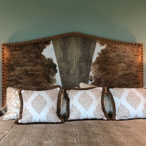 Cowhide Headboard, Western Style Bedroom, Mountain Modern Decor, Brown Headboard, Antler Lamp, Ski Lodge Decor, Western Bedroom Decor, Western Bedding, Western Bedroom