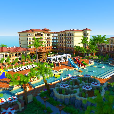 Minecraft Public Pool, Minecraft Holiday Resort, Resort Minecraft, Minecraft Pools, Minecraft Beach Resort, Beach City Minecraft, Minecraft Resort Ideas, Minecraft Waterpark Ideas, Minecraft Ski Resort