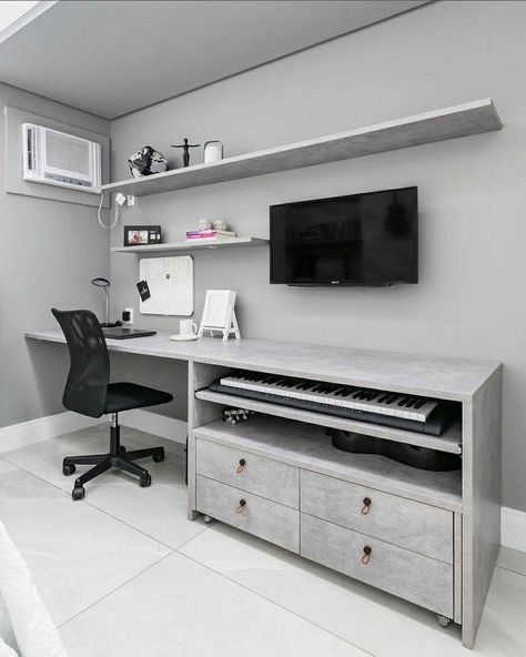 Home Studio Music Room, Small Music Room, Kids Bedroom Furniture Design, Home Studio Desk, Small Bedroom Inspiration, Dj Room, Home Music Rooms, Piano Decor, Boys Room Design