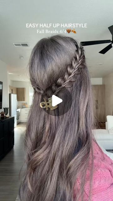 Grace Weston on Instagram: "A twist stacked on top of a braid! Such a fun look:)

#easyhairstyles #fallhairinspo #halfuphalfdownhairstyle #braidstyles" Two Plaits Half Up Half Down, Braided Hairstyles With Hair Down, Half Up Half Down Hair With Braid, Half Up Braids, Braided Half Up Half Down Hair, Stacked Braids, Braid Half Up, Half Braided Hairstyles, Thanksgiving Hairstyles