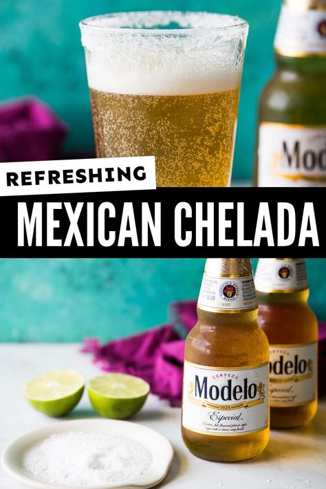 Cool down with a refreshing chelada! This Mexican beer cocktail features a salt-rimmed glass, lime juice, and a Mexican lager beer. It’s simple, quick to make, and perfect to enjoy with friends on your patio! Chelada Recipe, Virgin Margaritas, Mexican Drink Recipes, Homemade Horchata, Authentic Tacos, Michelada Recipe, Mexican Brunch, Isabel Eats, Mexican Summer