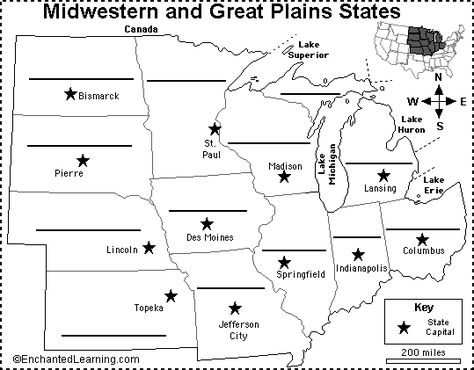 midwest map with capitals | Label Midwestern US States Printout - EnchantedLearning.com State Capitals Quiz, Learning States, United States Geography, Us Geography, 3rd Grade Social Studies, Midwest Region, Geography Activities, Social Studies Curriculum, 4th Grade Social Studies