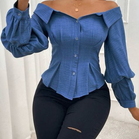 Bamgleam Women's Elegant Denim-Like Off-Shoulder Long Sleeve Blouse Size Small. Excellent Condition With No Flaws Never Worn Before! Measurements In Photos. This Elegant Blue Off-Shoulder Top Is Perfect For Any Occasion. Its Stylish Design And Comfortable Fit Make It A Must-Have In Your Wardrobe. Professional Seller , Offers Welcome, Bundle & Save! Kindly Allow Extra Time For Shipping. Thank You For Shopping With Iamnekkei Clothing Kemeja Denim, Classy Tops, Blue Denim Top, Turtleneck Layering, Boss Chic, Jeans Blouse, Classy Blouses, Long Sleeve Denim Shirt, Denim Blouse