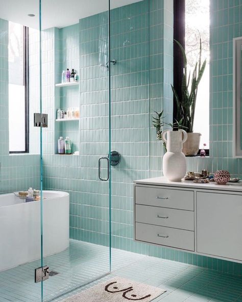 Beautiful white and aqua bathroom with turquoise tile and white floating vanity Aqua Bathroom, Turquoise Bathroom, Turquoise Tile, Beach Bathroom Decor, Bad Design, Beach Bathrooms, Blue Bathroom, Blue Tiles, Bathroom Renos