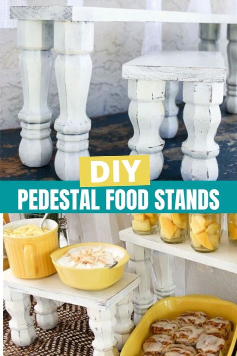 These DIY wood pedestal food stands are the perfect way to create more space on your food table when entertaining at home. Diy Tiered Serving Stand, Table Stand Ideas, Diy Appetizer Display, Food Stands Ideas, Tiered Food Display, Diy Dessert Display, Buffet Food Display Presentation, Food Risers Display Party Ideas, Diy Serving Stand