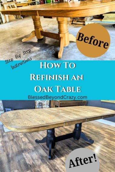 My daughter bought a solid oak dining room table from Facebook marketplace for a crazy low price. The table was the right size but the color wasn't what she wanted. Therefore, she decided to refinish the table. Check out the process. #table #oak #refinish #homeimprovement #blessedbeyondcrazy How To Update Dining Room Table, Redoing Wood Table, Farmhouse Table Makeover Diy, Upcycle Oak Dining Table, Painting Dining Room Table Black, Refinish Oak Table And Chairs, Refinished Dining Room Table, Repainted Kitchen Table, Staining Oak Table