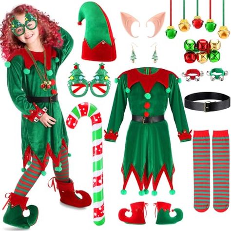 Croknit 16 Pcs Girls Kids Christmas Elf Costume Set Santa Helper Outfit Including Dress and Accessories for Cosplay Party Christmas Elf Costume, Dress And Accessories, Elf Costume, Santa Helper, Christmas Dress, Christmas Elf, Kids Christmas, Elf, Christmas