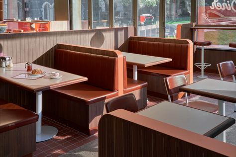 Designed with nostalgia and comfort in mind, the space draws from the imagery of classic American roadside diners. Photography Credit: Peter Clarke Roadside Restaurant, Old Diner, American Nostalgia, Classic American Diner, Scenic Backgrounds, Diner Aesthetic, Low Poly Car, Foam Sculpture, American Diner