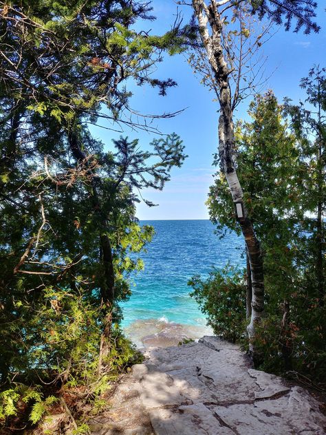 View at the end of the trail. Near Fisherman's Grotto @ Bruce Peninsula National Park Tobermory ON CA. National Park Aesthetic, Bruce Peninsula National Park, Bruce Peninsula, End Of The Trail, Park Aesthetic, Room Colours, Air Travel Tips, Adventure Landscape, Airport Travel