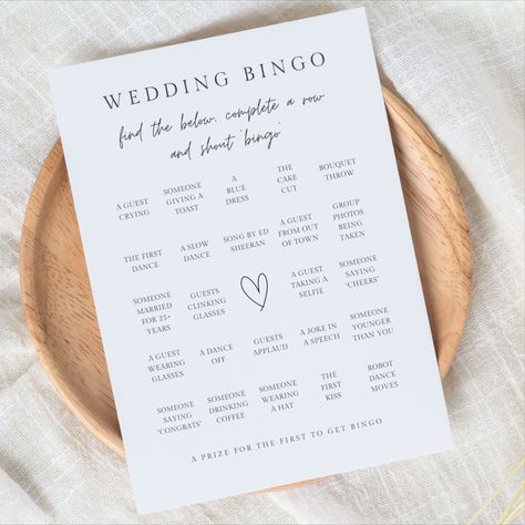 wedding bingo game Wedding Bingo Printable Free, Bingo Printable Free, Wedding Bingo, Wedding Activity, Diy Wedding Stationery, Wedding Game, Slow Songs, Modern Minimalist Wedding, Bingo Board