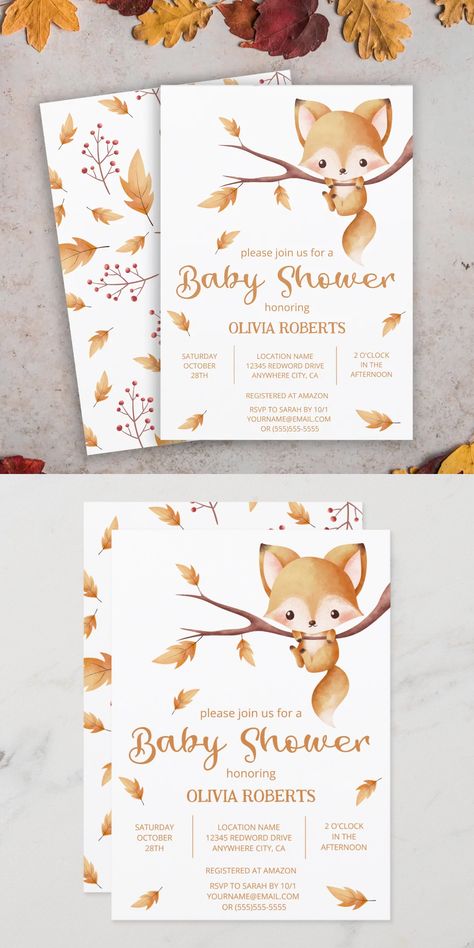 Woodland Autumn Baby Fox Baby Shower Invitation Adorable woodland autumn design featuring watercolor baby fox, autimn leaves and fall pattern on the backside. This design is gender neutral and can work for both baby girls and boys. You can add your own details very easily by using the template field. Fox Baby Shower Invitations, Woodland Autumn, Fox Baby Shower, Fall Baby Shower Invites, Fox Baby, Autumn Design, Baby Shower Invitaciones, Fall Patterns, Baby Shower Fall