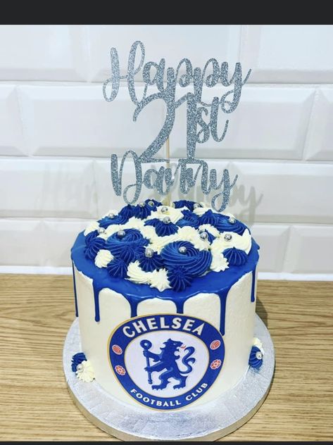 Chelsea Cakes For Men, Chelsea Football Cake, 21st Bday Cake, Birthday Drip Cake, Football Birthday Cake, Cake For Husband, 21st Birthday Cakes, Football Cake, 21 Birthday