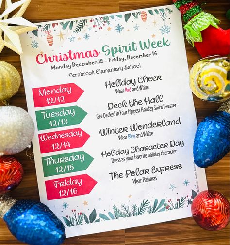 Christmas Spirit Week Ideas For Work, Christmas Spirit Week Ideas, Christmas Spirit Week, Spirit Week Flyer, Holiday Spirit Week, December Art, School Spirit Days, Spirit Days, Christmas Freebie