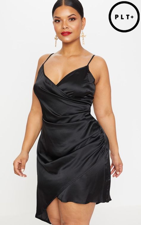 Plus Black Satin Wrap Dress Long Black Satin Dress, Satin Dress Plus Size, Black Satin Wrap Dress, Little Black Dress Plus Size, Black Dress Plus Size, Plus Size Satin, Plus Zise, Silk Dressing Gown, Satin Wrap Dress