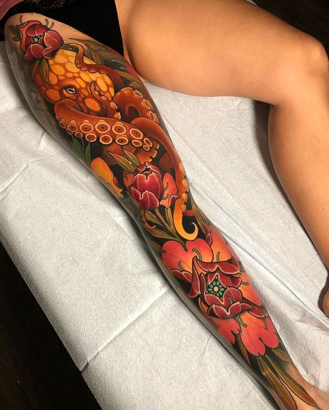 Octopus Tattoo Ideas, Octopus Thigh Tattoos, Wrap Around Ankle Tattoos, Octopus Tattoo Sleeve, Full Hand Tattoo, Alyssa Marie, Hippie Tattoo, Octopus Tattoos, Tattoo Parlor