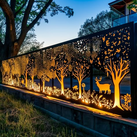 Security Wall Outdoor Fence, Grass Driveway, Laser Cut Screens, Compound Wall, Fence Designs, Laser Cut Designs, Wall Decoration Ideas, Metal Fence, Landscape Features