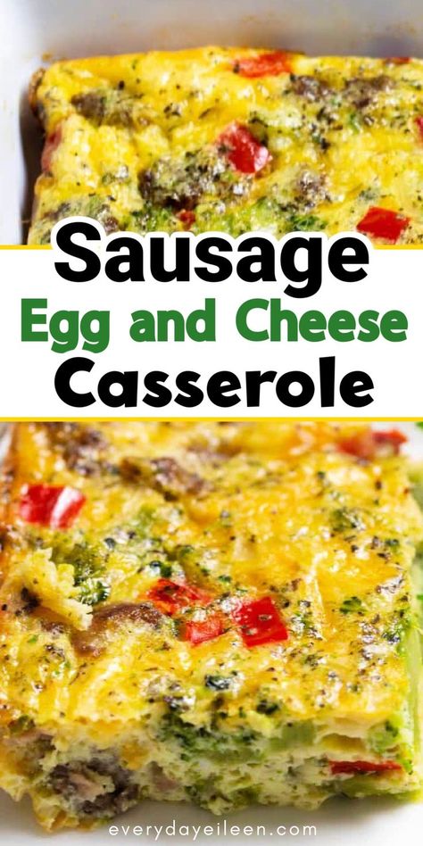 Squares of an egg casserole with red peppers, sausage and cheese with Pinterest overlay. Egg Casserole Recipes Healthy, Egg And Veggie Casserole, Sausage Egg Cheese Casserole, Egg Sausage Casserole, Sausage Egg And Cheese Casserole, Easy Breakfast Casserole Sausage, Veggie Breakfast Casserole, Sausage Egg Breakfast Casserole, Egg And Cheese Casserole