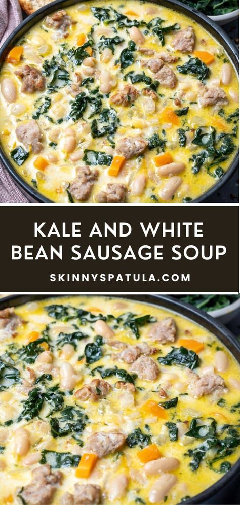 Kale And White Bean Soup With Sausage, Sausage Bean And Kale Soup, Kale And Sausage Soup Healthy, Sausage Potato White Bean And Kale Soup, Soup Sausage Kale, Sausage Kale Potato Soup Coconut Milk, Kale White Bean Sausage Soup, Sausage Kale Black Bean Soup, Creamy White Bean Soup With Kale