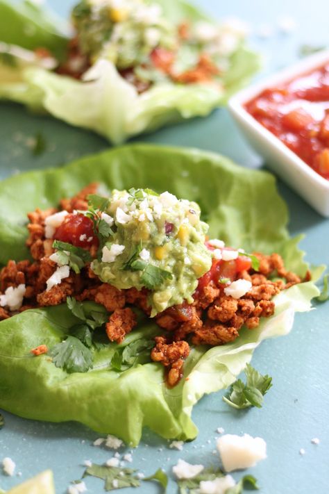 20 Minute Taco Lettuce Wraps Turkey Taco Lettuce Wraps, Lettuce Tacos, Taco Lettuce Wraps, Easy Taco Recipes, Turkey Wraps, Turkey Taco, Guacamole Salsa, Turkey Tacos, Cotija Cheese