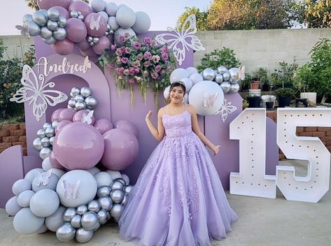 Butterfly Themed Debut Party, Butterfly Sweet 15 Decorations, Sweet 15 Butterfly Theme, Flower Quince Centerpieces, Quinceanera Decorations Butterflies, Sweet 16 Butterfly Theme Decorations, Unicorn Quinceanera Theme, Purple Gold Decor, Purple Sweet 16 Decorations Centerpieces